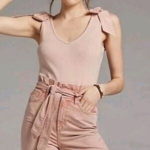 Anthropologie NWT Maeve Pink Bow-Tie Ribbed Tank Coquette Top Sz L